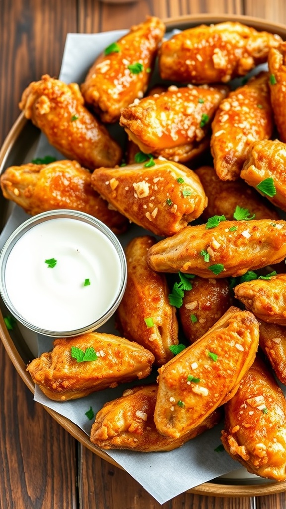 A delicious platter of crispy garlic parmesan chicken wings with fresh parsley and ranch dressing.